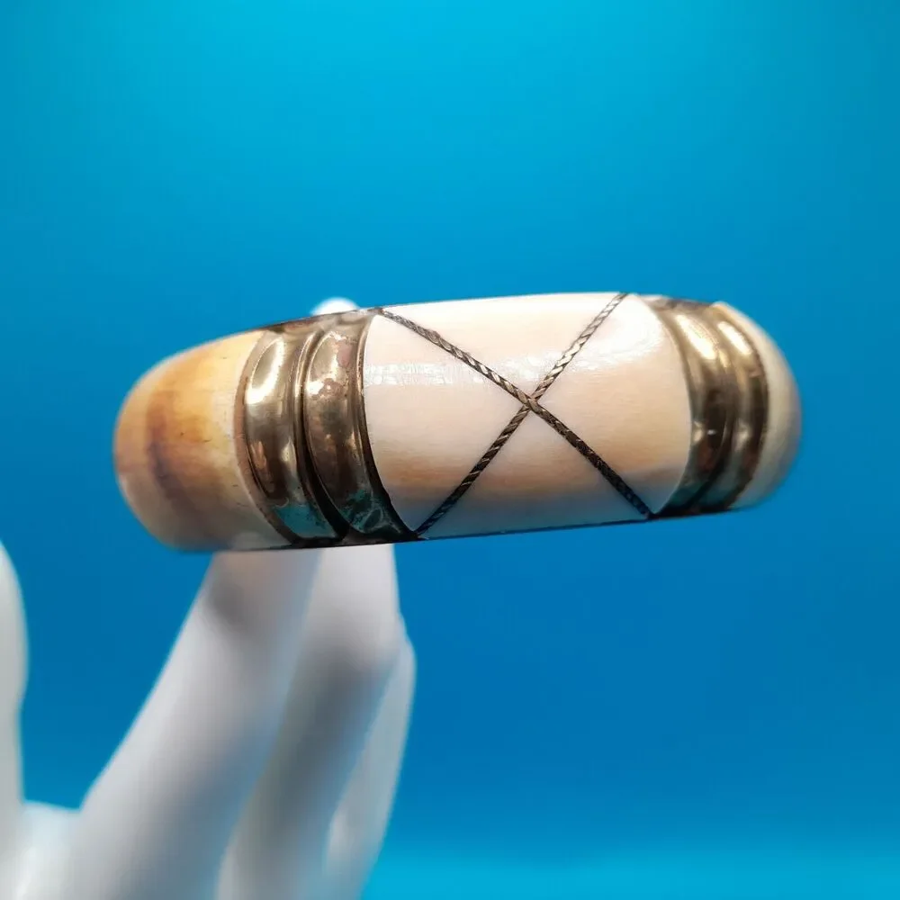 Vintage Brass Bone Inlay Wide Bangle Bracelet Cream Tribal Boho 8 Inch